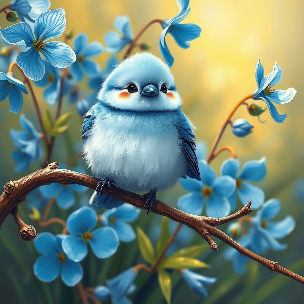 Whimsical Blue Bird Perched on a Delicate Branch with Bloomi...