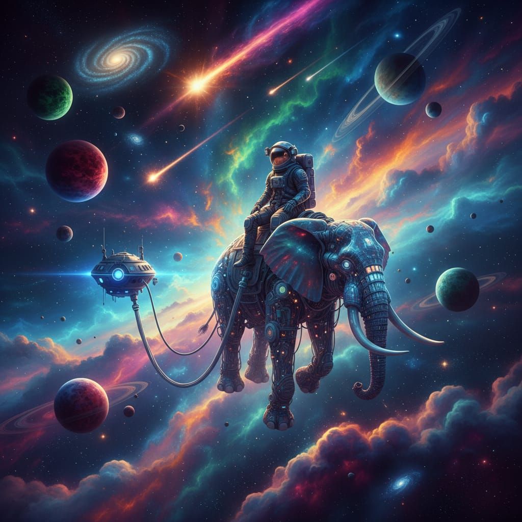 Astronaut and Elephant Floating in Colorful Nebula