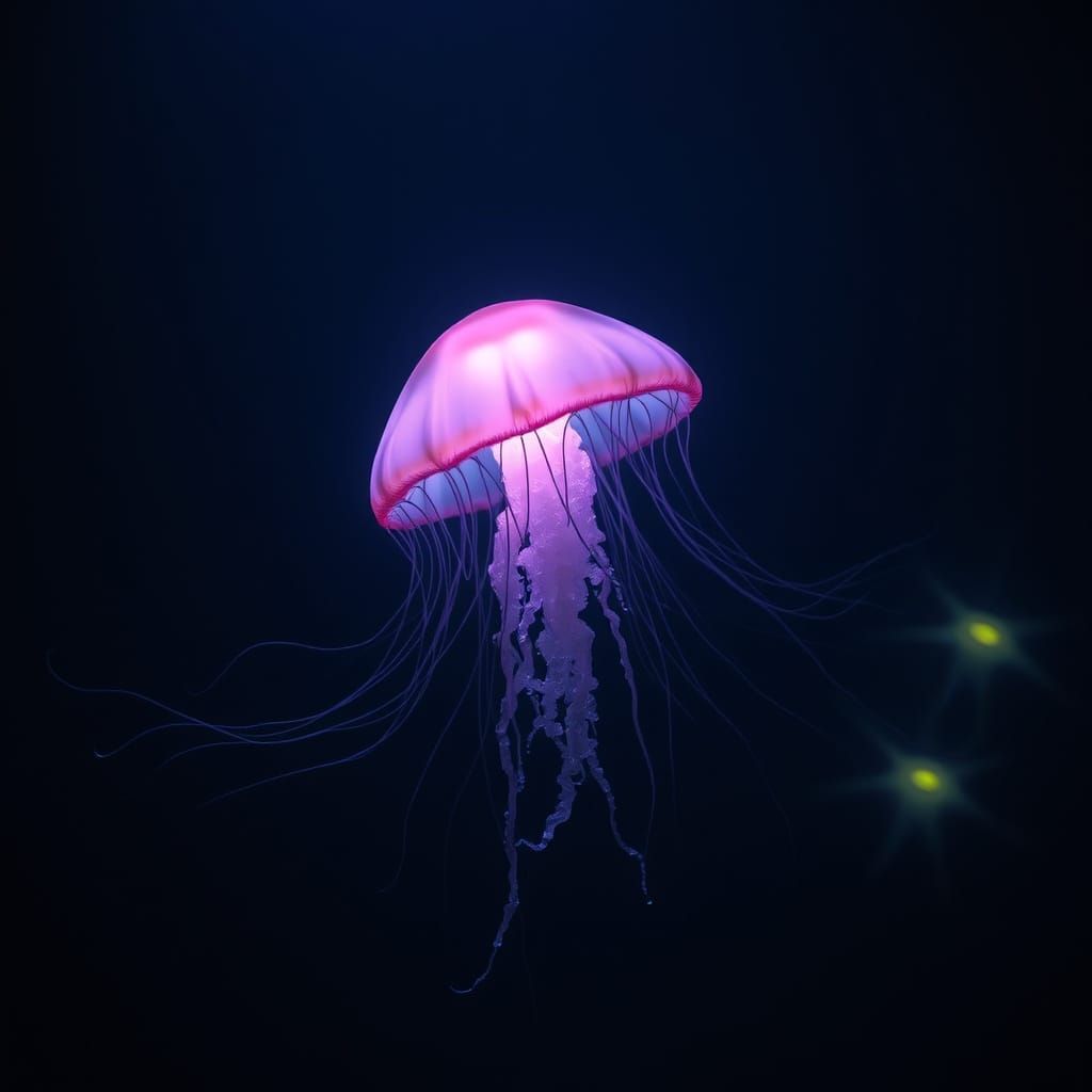 Bioluminescent Jellyfish in Dark Ocean, Surreal Digital Art