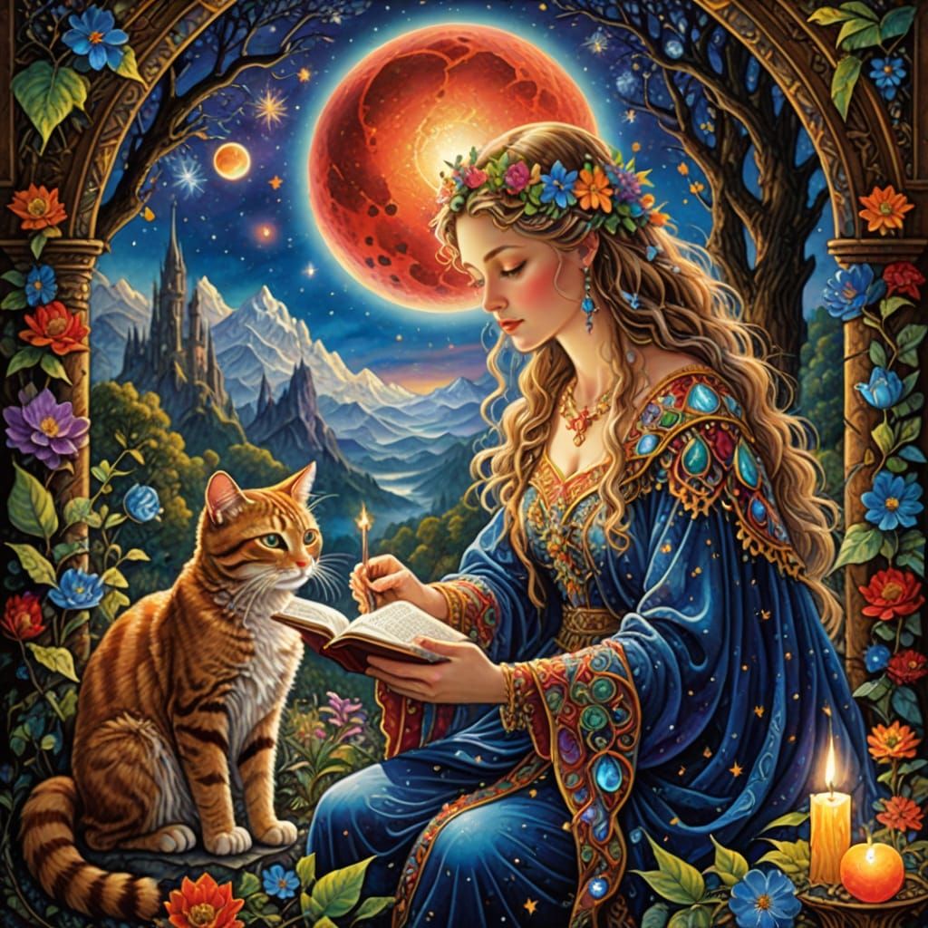 Sorceress Reading Spell Book in Castle with Celestial Views