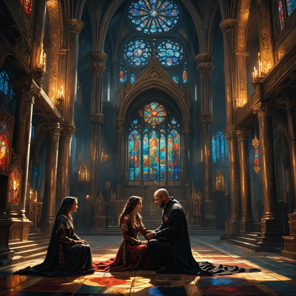 Dark Priest and Gypsy Woman in Church