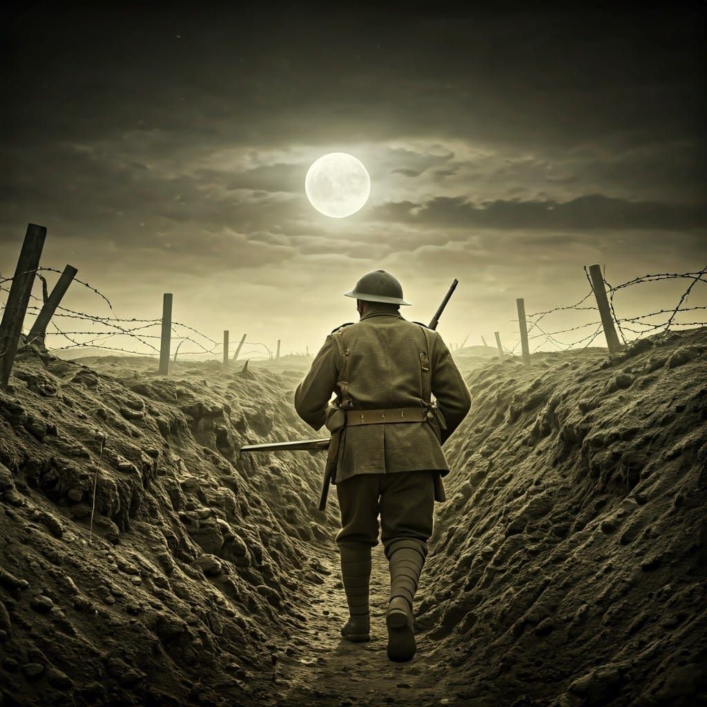 Desolate Nighttime Trenches of World War I