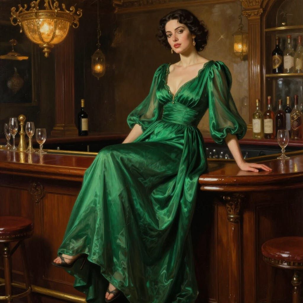 Regal Woman in Emerald Dress on Bar Table
