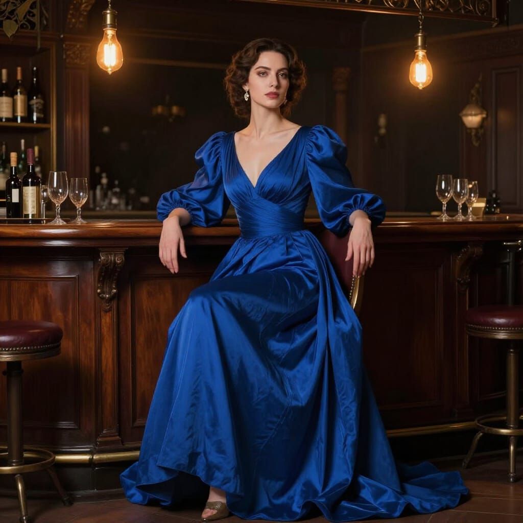 Regal Woman in Sapphire Dress in Dramatic Light