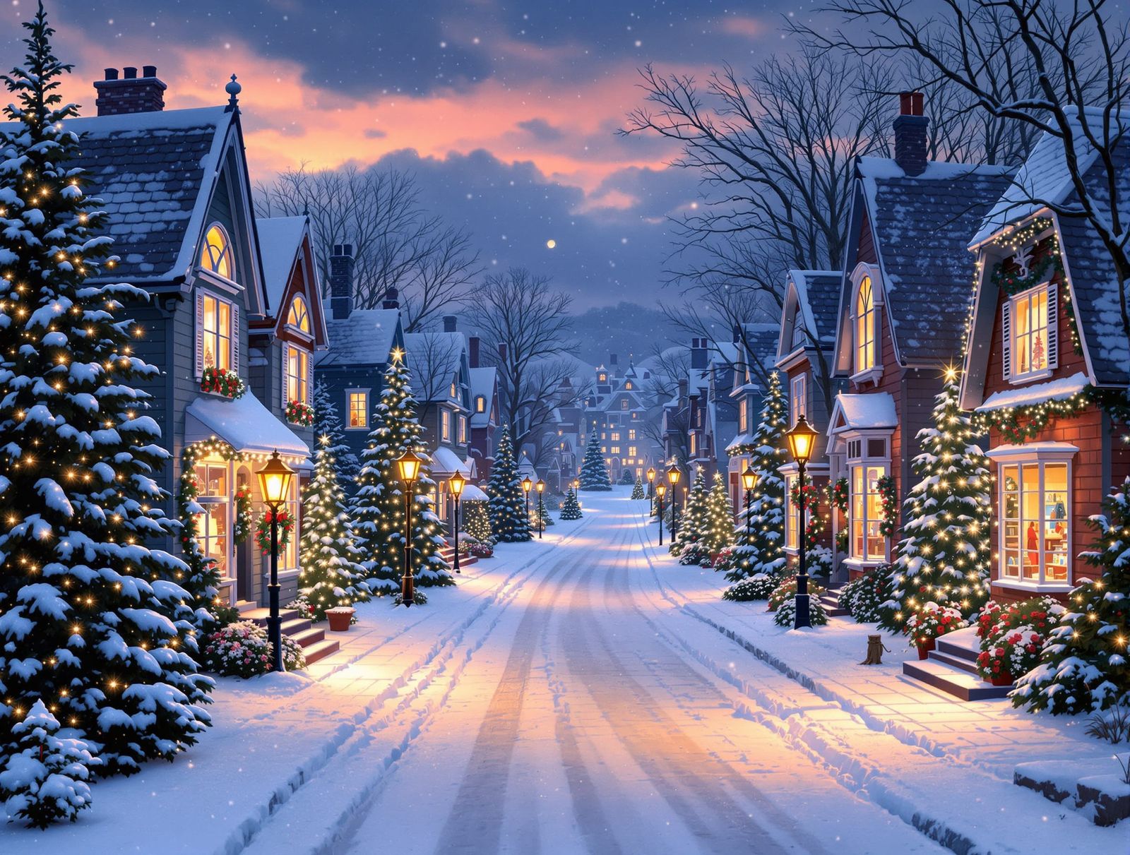 Christmas Street Scene with Decorated Trees and Snowfall