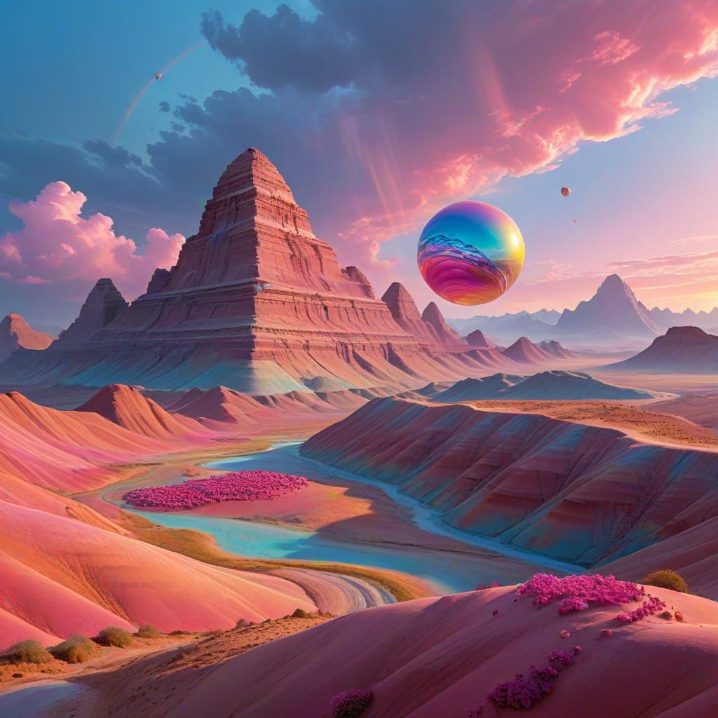 Airbrush Art: Spheres Dance Above Ziggurat