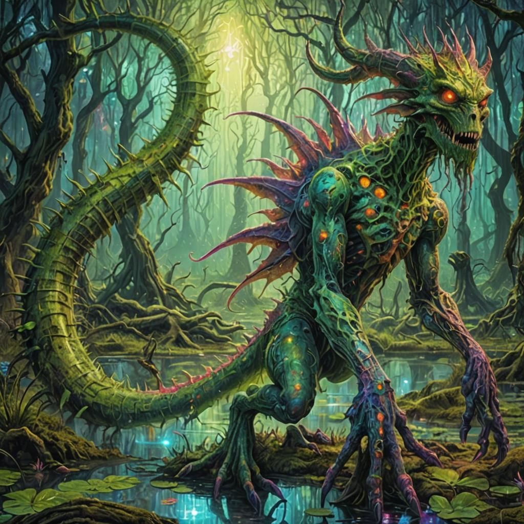 Demonic Creature in Cosmic Swamp, Holographic Illustration