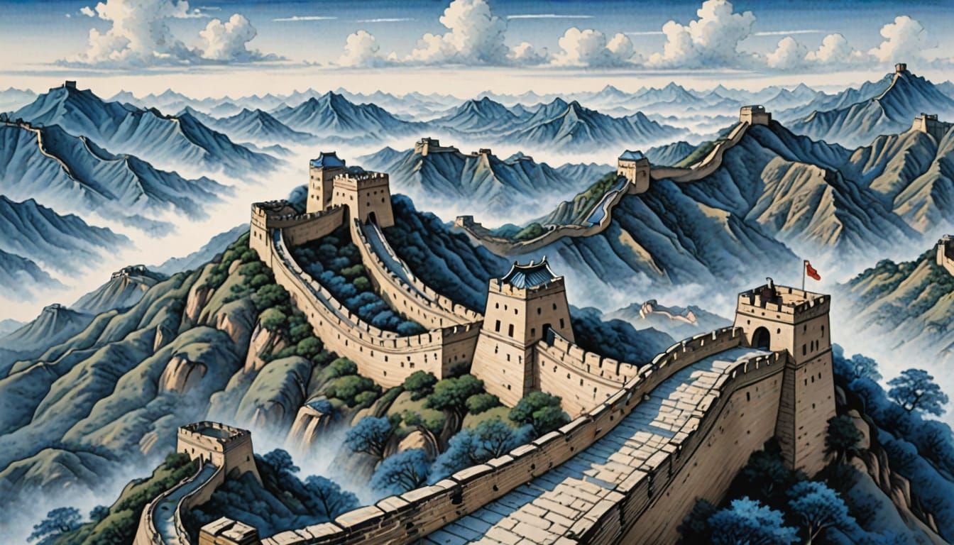 Detailed Blue Ink Drawing of the Great Wall