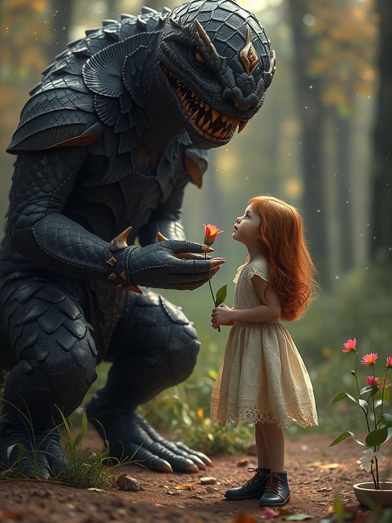 Girl and Monster in Hyper-Realistic Cinematic Style