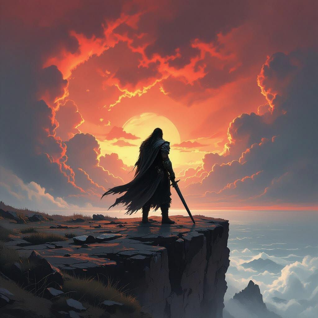 Warrior on Cliff Under Blood Sky in Dark Fantasy Style