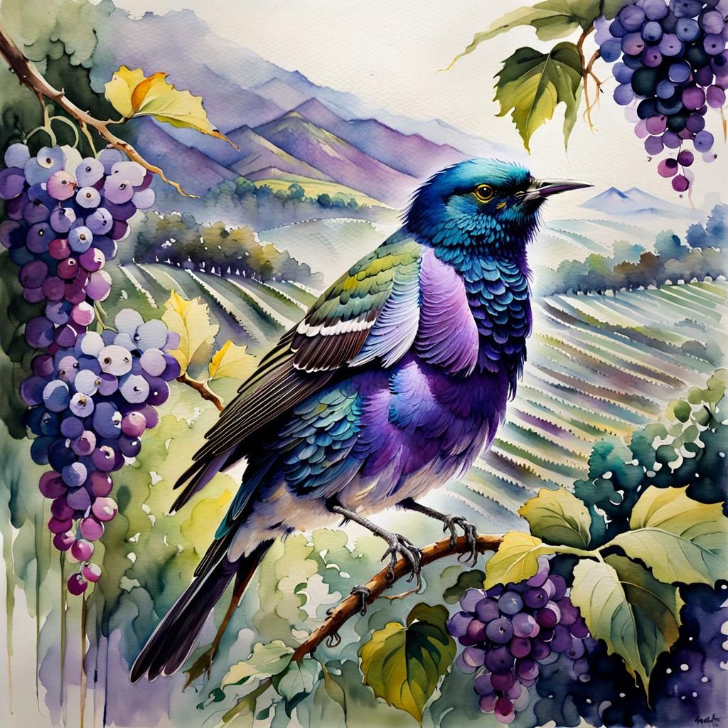 Violet-Backed Starling in Vineyard: Watercolor Painting