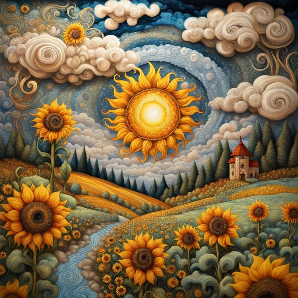 Dreamlike Sunflower Landscape with Swirling Clouds