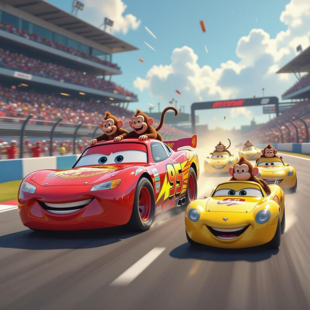 Lightning McQueen Races Monkeys in Banana Cars