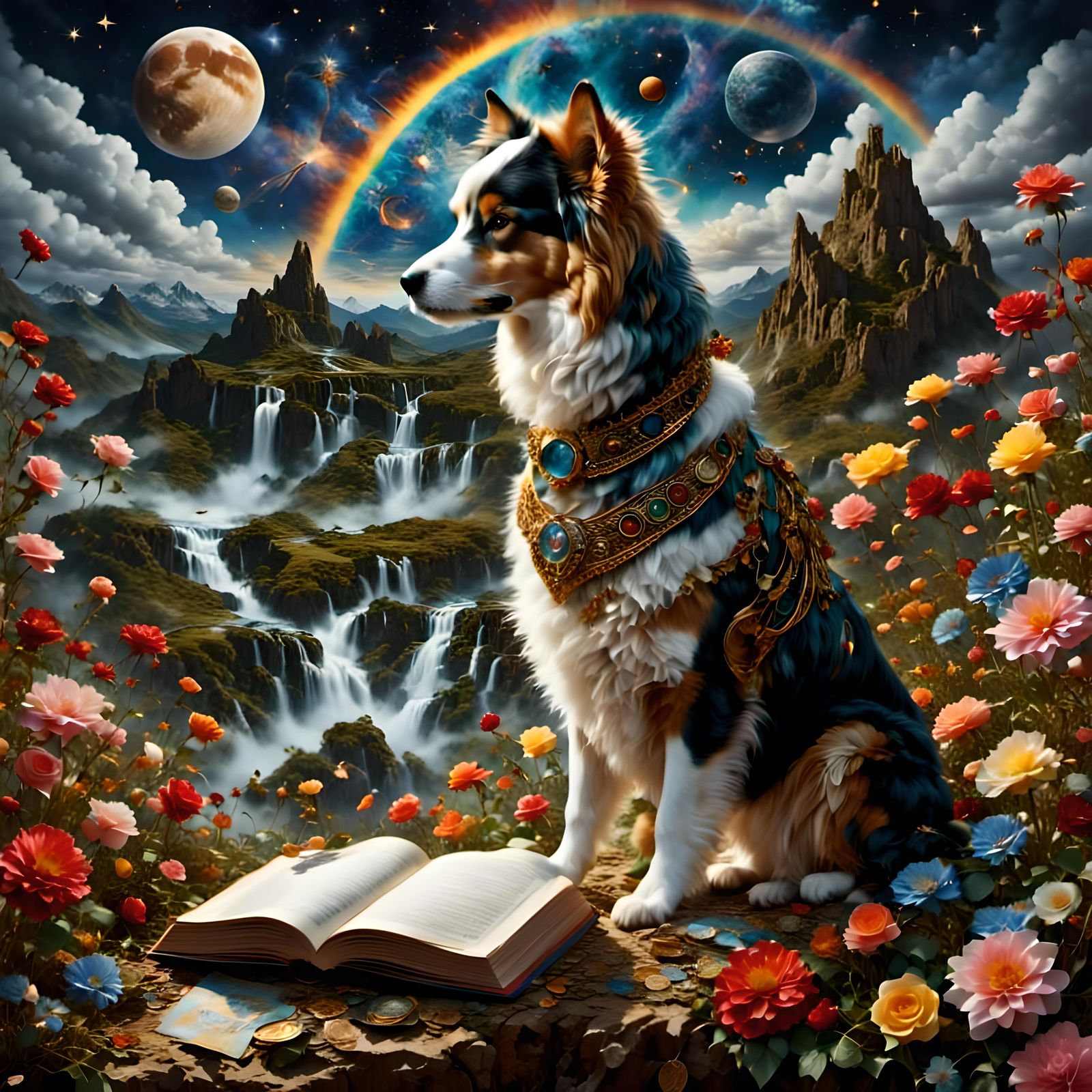 Dog at Rainbow Bridge with Celestial Background