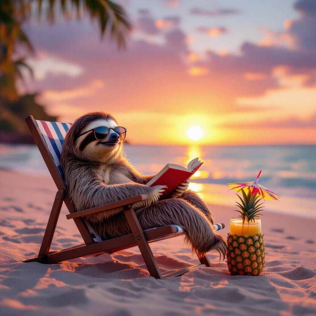 Sloth Sunbathing on Beach at Sunset
