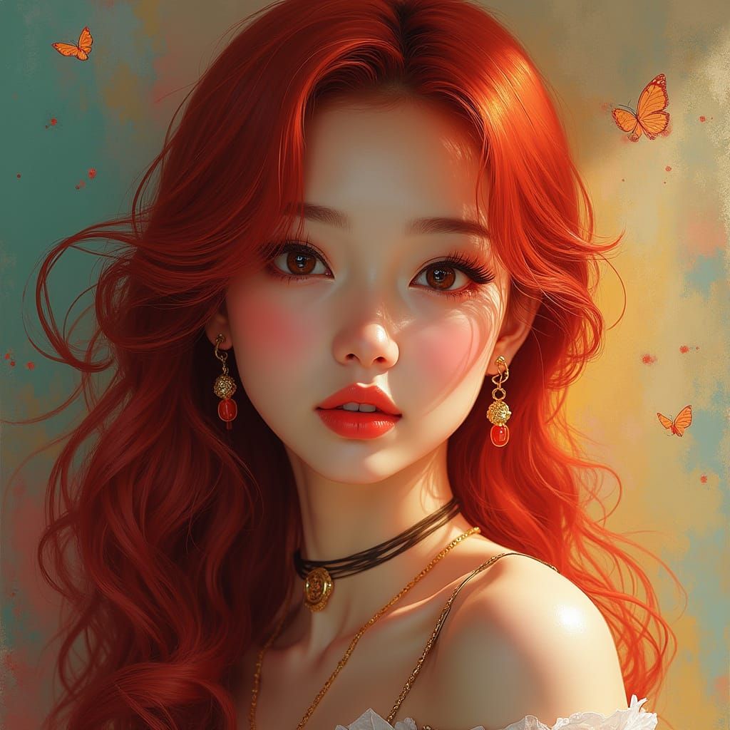 Hyperrealistic Portrait of Asian Woman with Red Hair