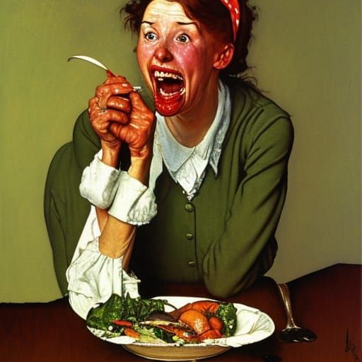 Woman Laughing and Eating Salad, Rockwell Style