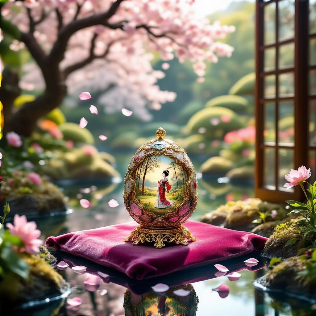 Fabergé Egg in Japanese Garden, Art Nouveau Style