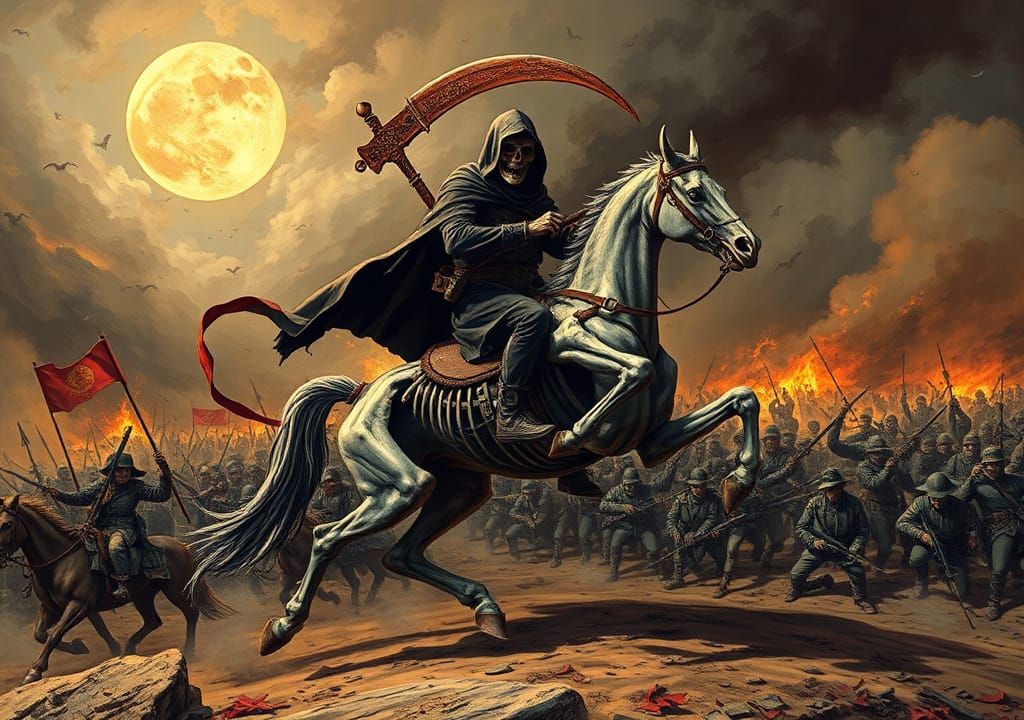 Grim Reaper Rides Skeletal Horse Through War
