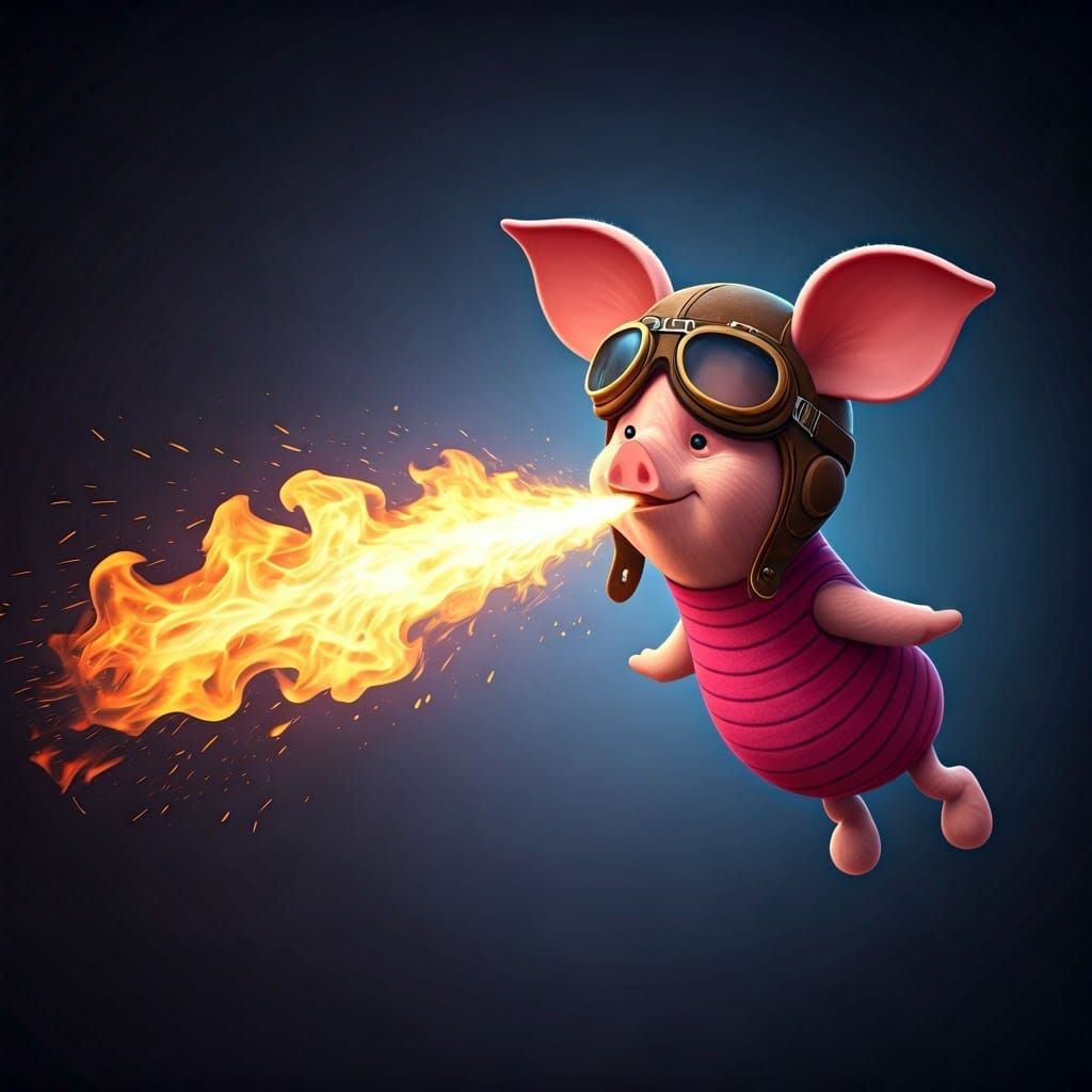 Piglet Soaring, Breathing Fire: Pixar-Inspired 3D Art