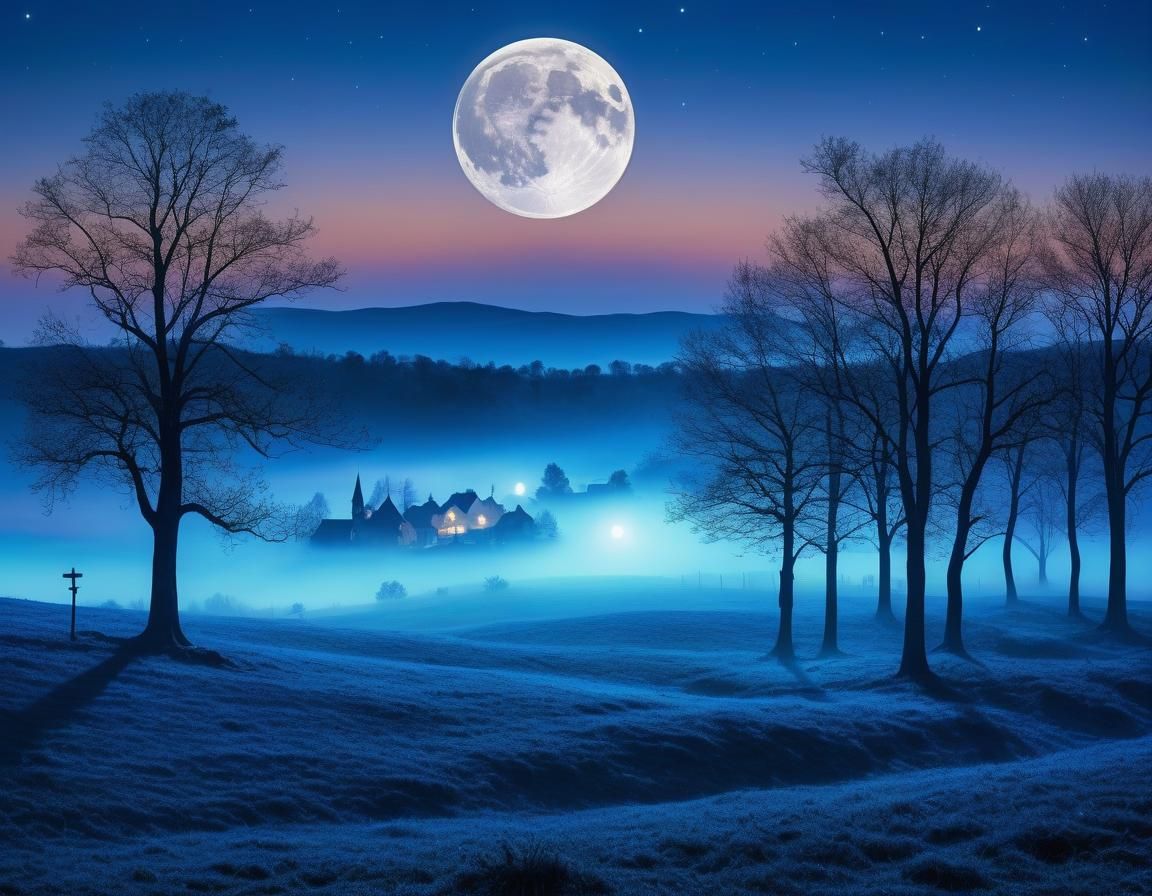 Vibrant Blue Moon Illuminates Dreamy Landscape