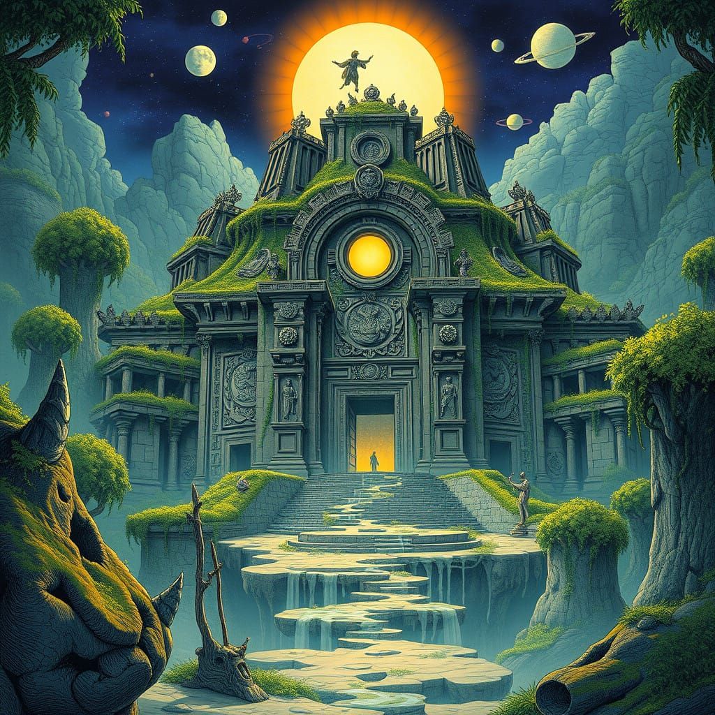 Ancient Temple Under Celestial Moonlight