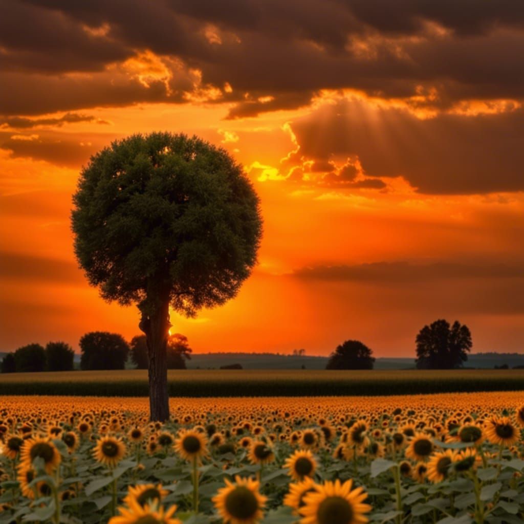 Orange Sunset Over a Sunflower Field