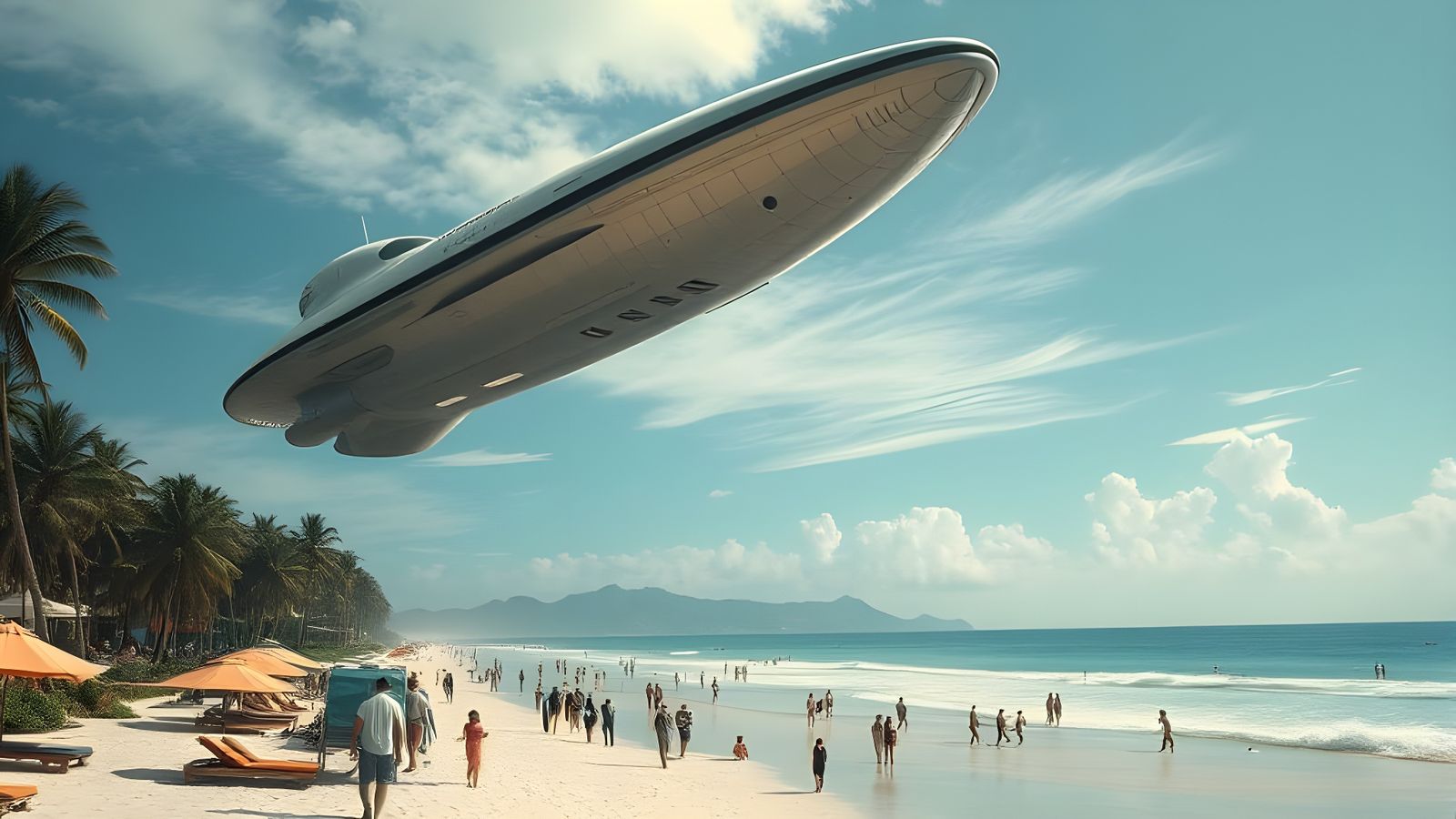 Hyperrealistic Alien Spaceship Hovers Over Tropical Beach