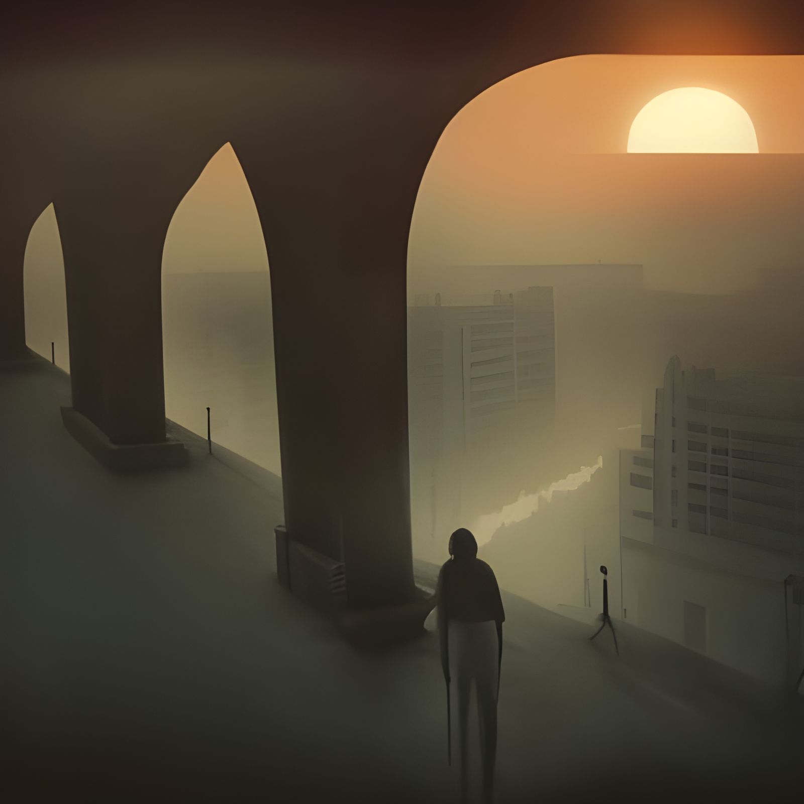Aqueduct Cityscape Sunset: Detailed Digital Matte Painting