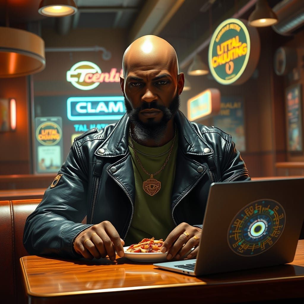 Dark Skinned Biker in Retro-Futuristic Diner