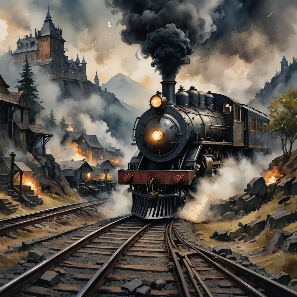 Dark Fantasy Train in Watercolor Style