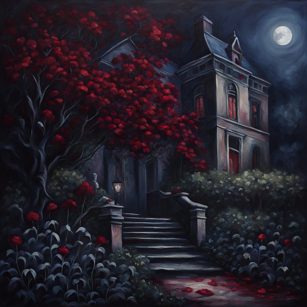 Gothic Garden with Dark Red Flowers, Oil Painting