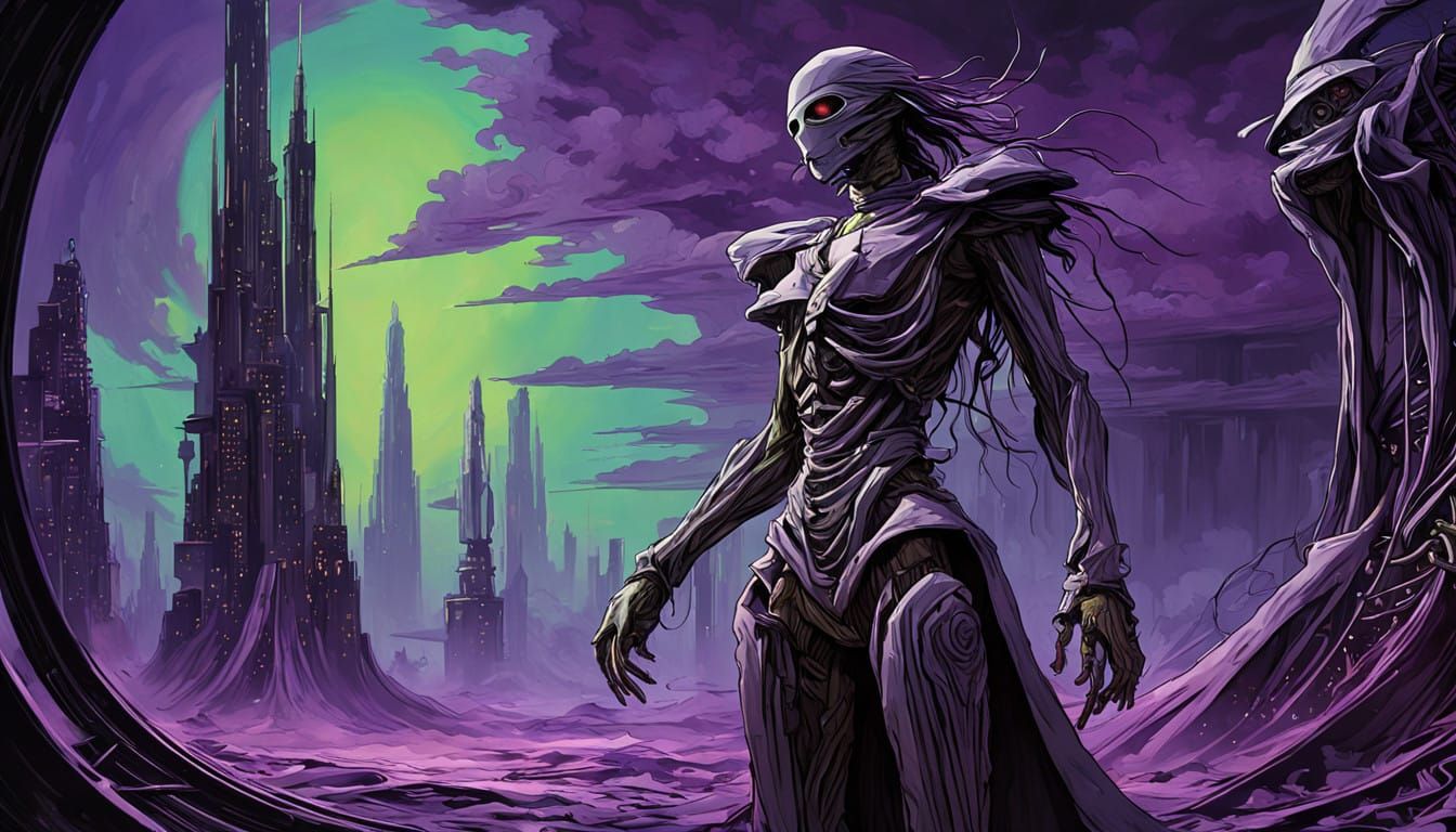 Surreal Alien Scarecrow in Hyper-Realistic Cyberpunk Style