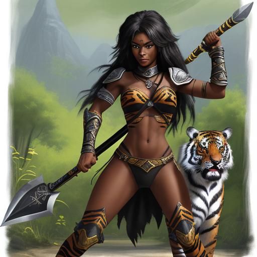 Ebony Warrior Maiden with Tiger