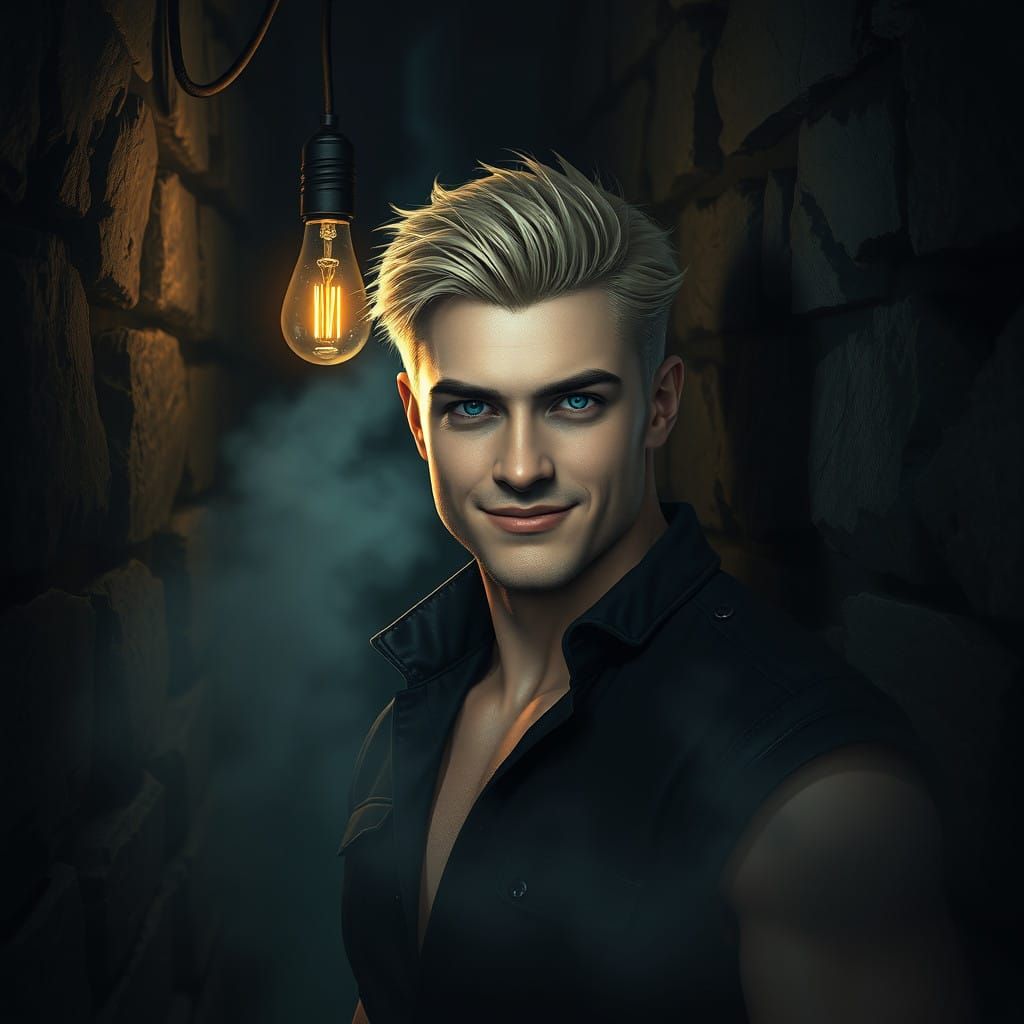 Chiseled Blonde Man in Mystical Foggy Alley at Night