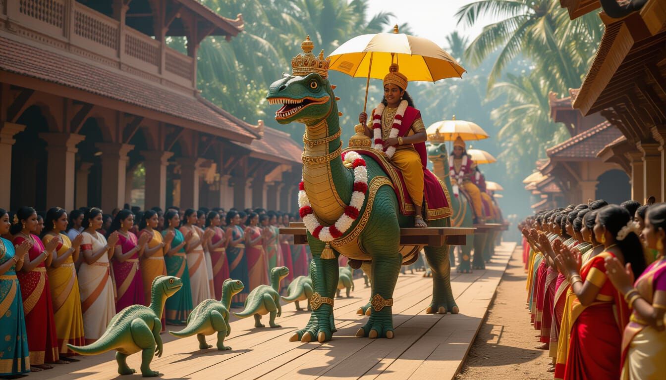 Dinosaur Mahabali Procession in Raja Ravi Varma Style