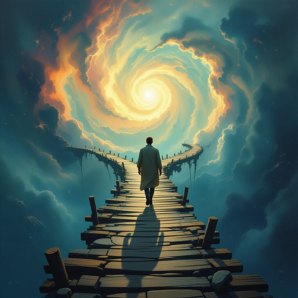 Courageous Figure Crosses Cosmic Bridge in Surreal Style