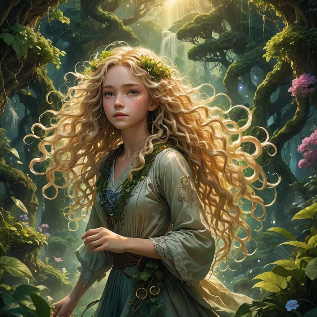 Fantasy Woman Holding Curly Hair in Misty Forest