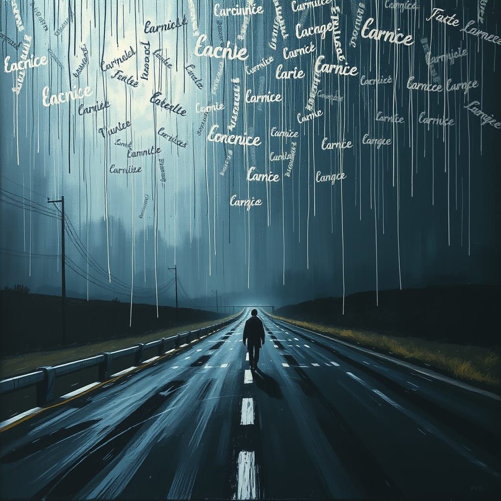 Lone Figure on Desolate Highway with Swirling Word Sky