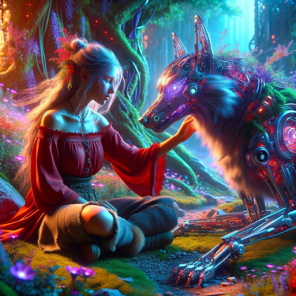 Viking Maiden and Cybernetic Wolf in Mystical Landscape