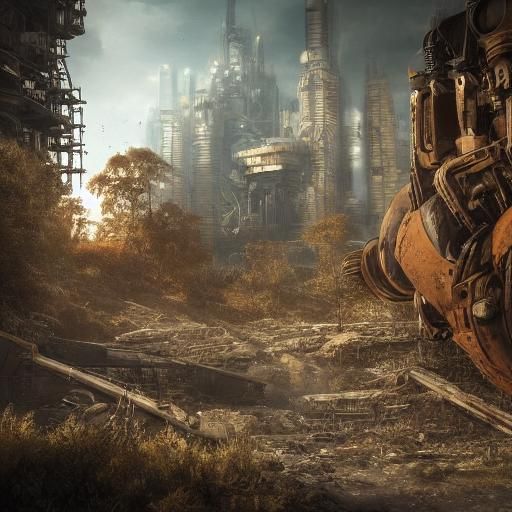 Post-Apocalyptic Wasteland with Derelict Mechs in Sci-Fi Sty...
