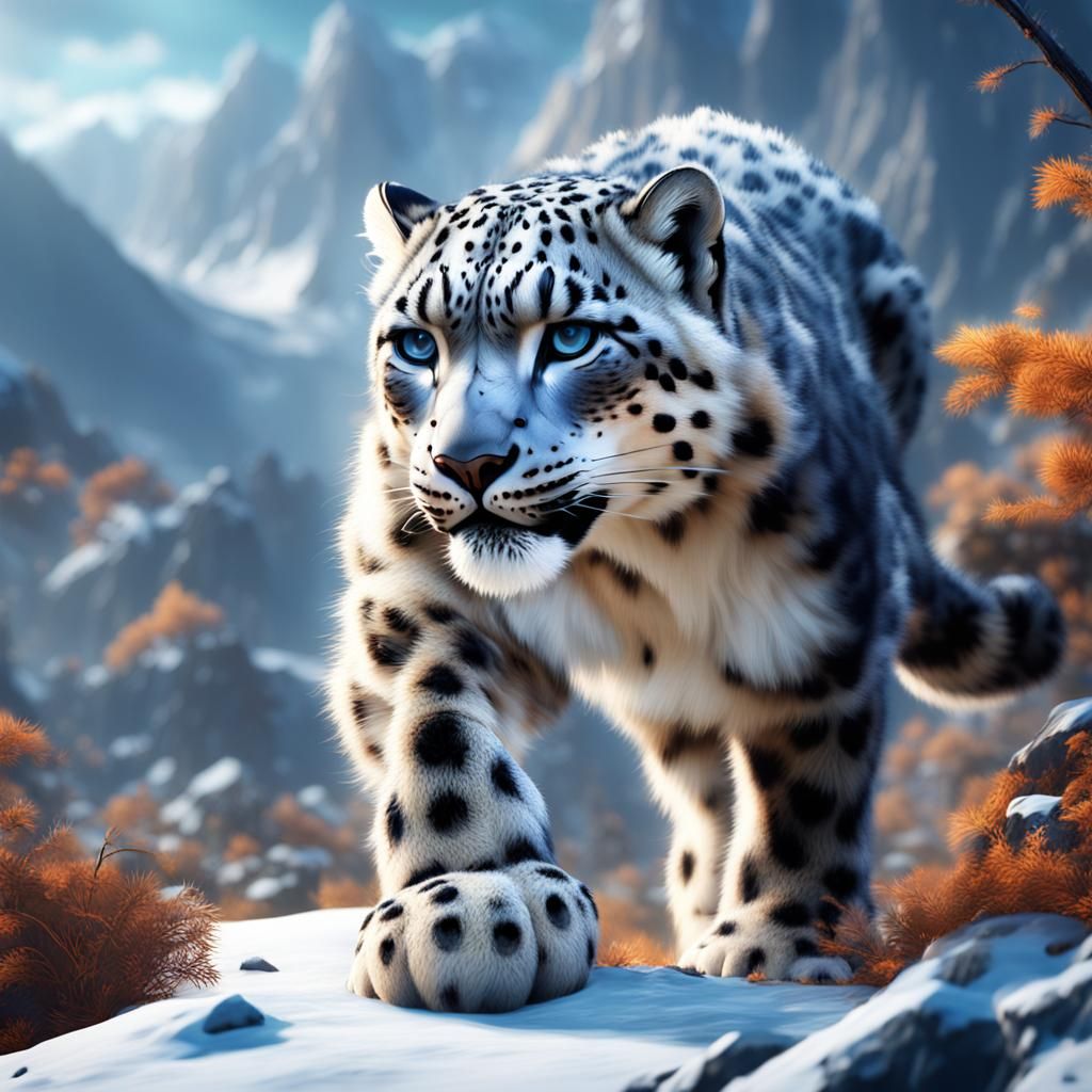 Detailed Snow Leopard Matte Painting in Deep Color