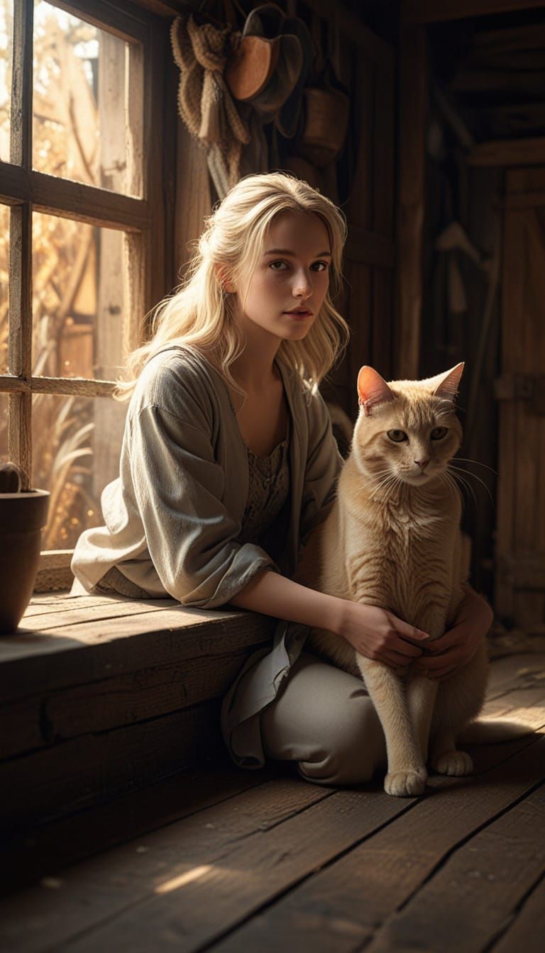 Woman Interacts with Cat in Rustic Barn Concept Art