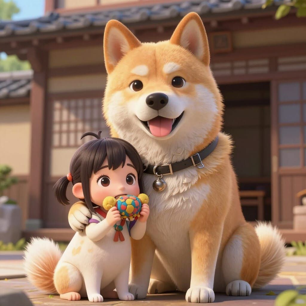 Anthropomorphic Dog Family Outside Japanese House in Anime S...