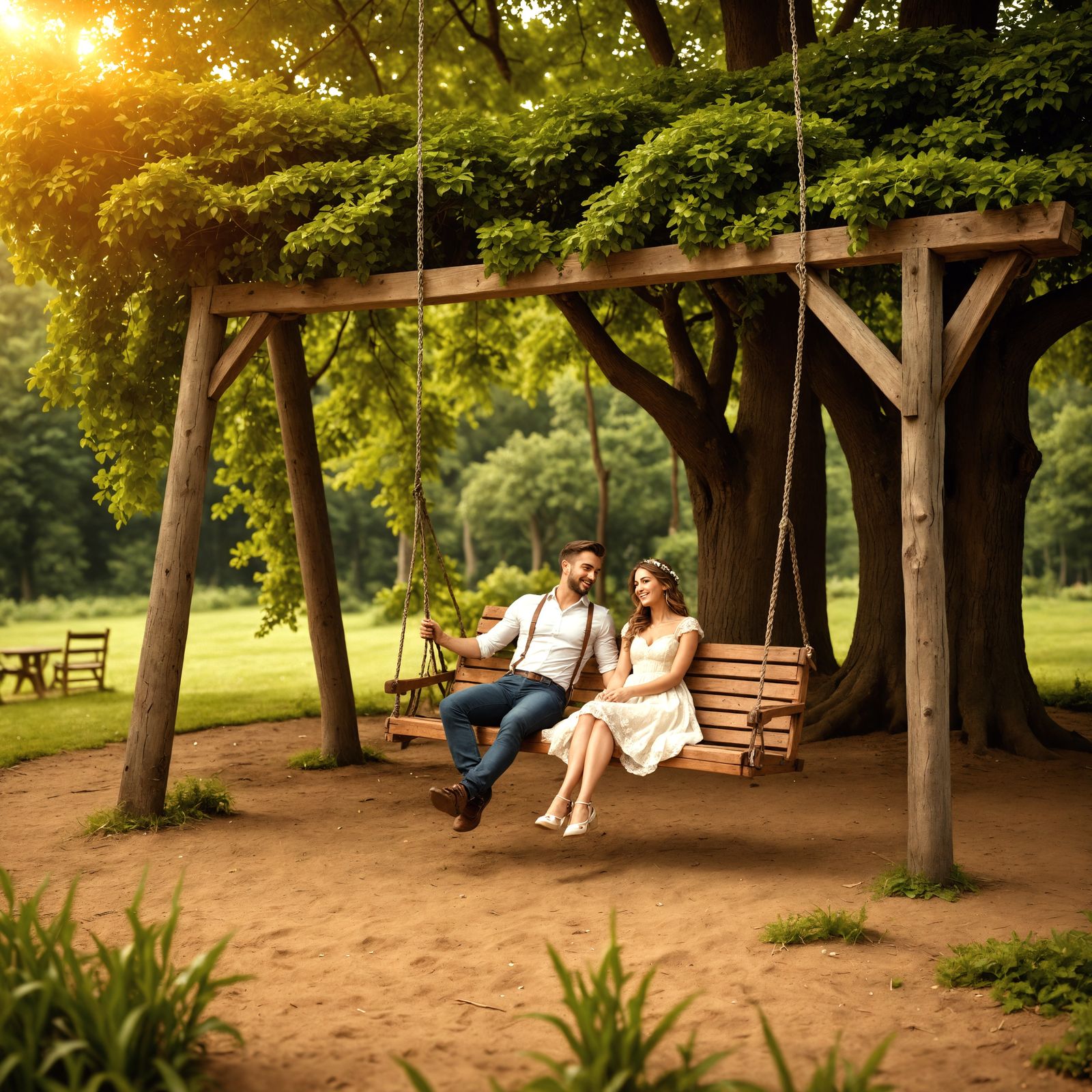 Hyperrealistic Couple on a Wooden Swing in Perfect Compositi...