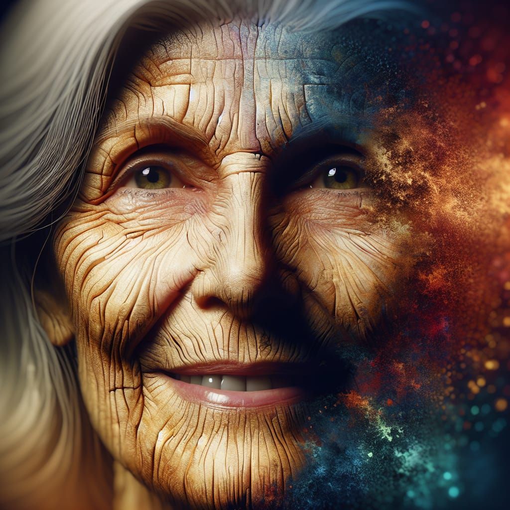 Wise Woman's Smiling Portrait in Hyperrealistic Splash Art