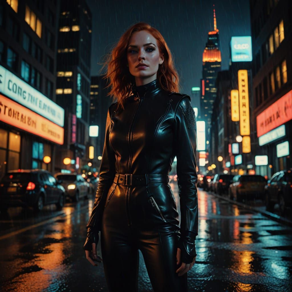 Confident Heroine Dominates Gotham's Neon Skyline