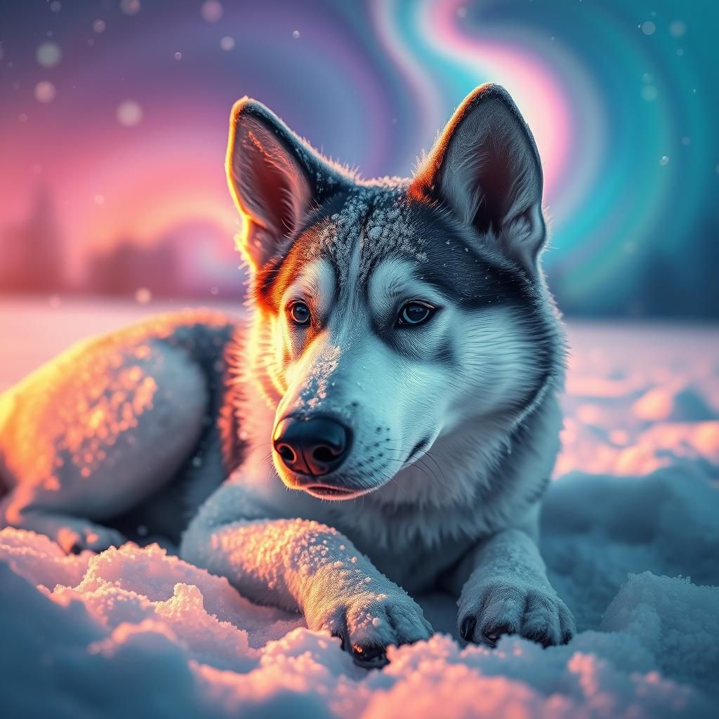 Hyperrealistic Glass Husky in Snowy Aurora Landscape