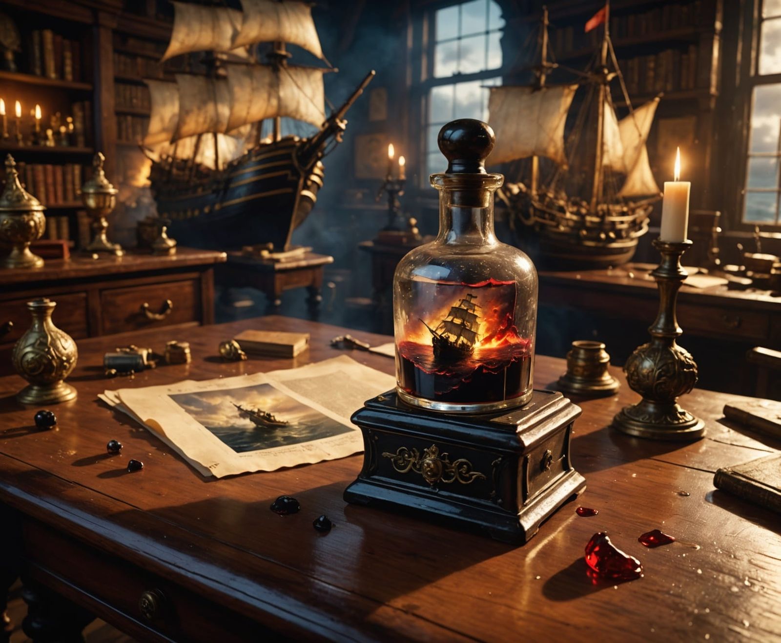 Ink Bottle Spill: A Pirate Ship's Stormy Voyage