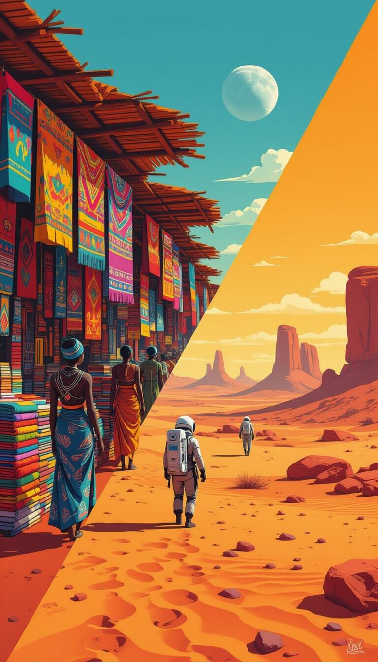 African Market Meets Alien Desert: A Split Image